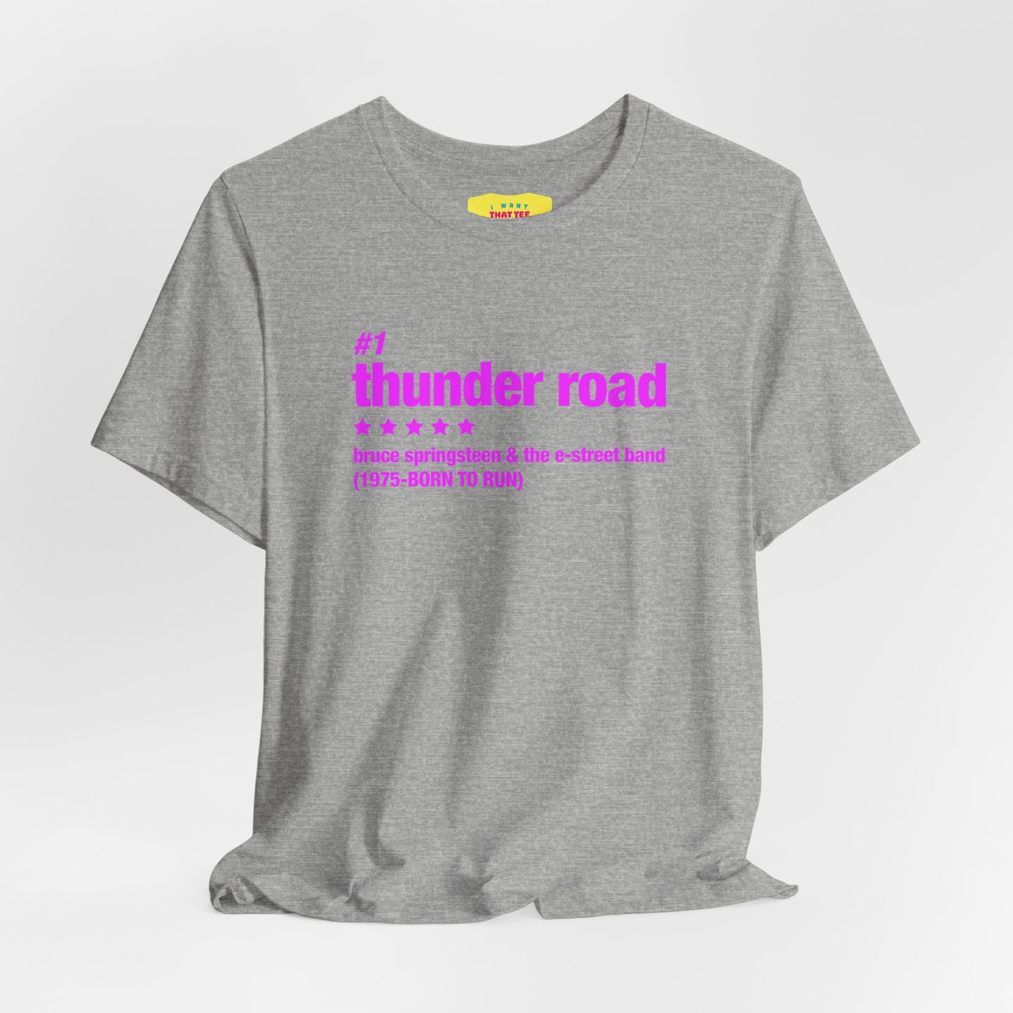 THUNDER ROAD CHART-BRUCE SPRINGSTEEN (Pink text, Unisex Softstyle T-Shirt)