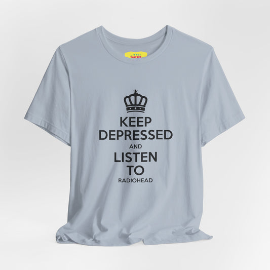 KEEP DEPRESSED AND LISTEN TO RADIOHEAD (Black text, Unisex Softstyle T-Shirt)