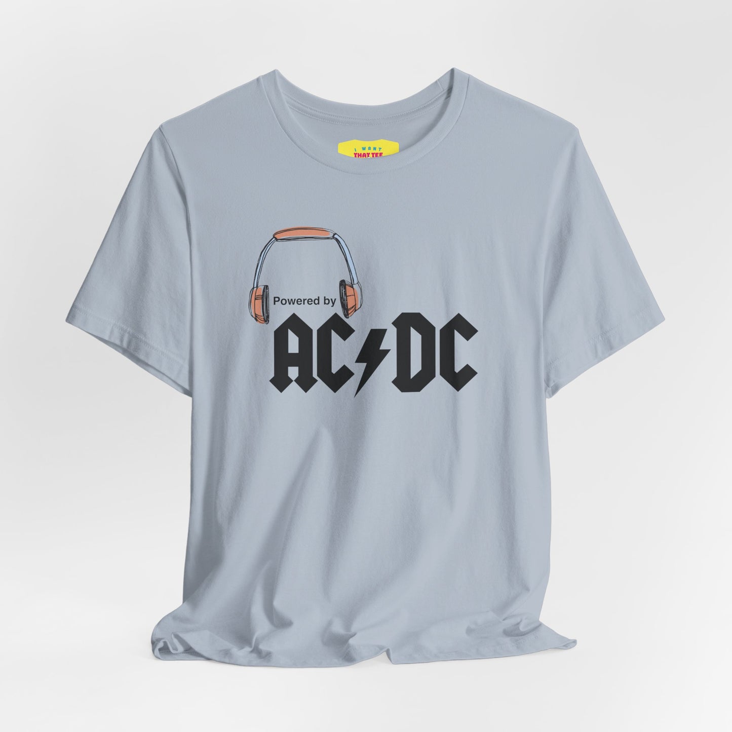 POWERED BY AC/DC (Black text, Unisex Softstyle T-Shirt)