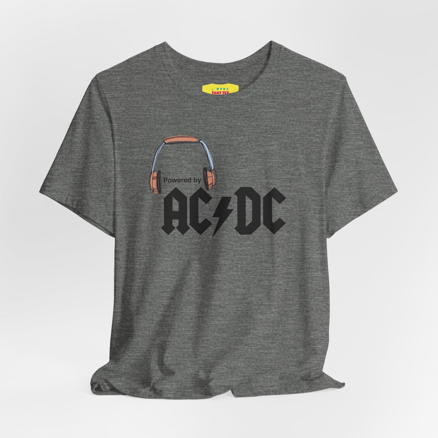 POWERED BY AC/DC (Black text, Unisex Softstyle T-Shirt)