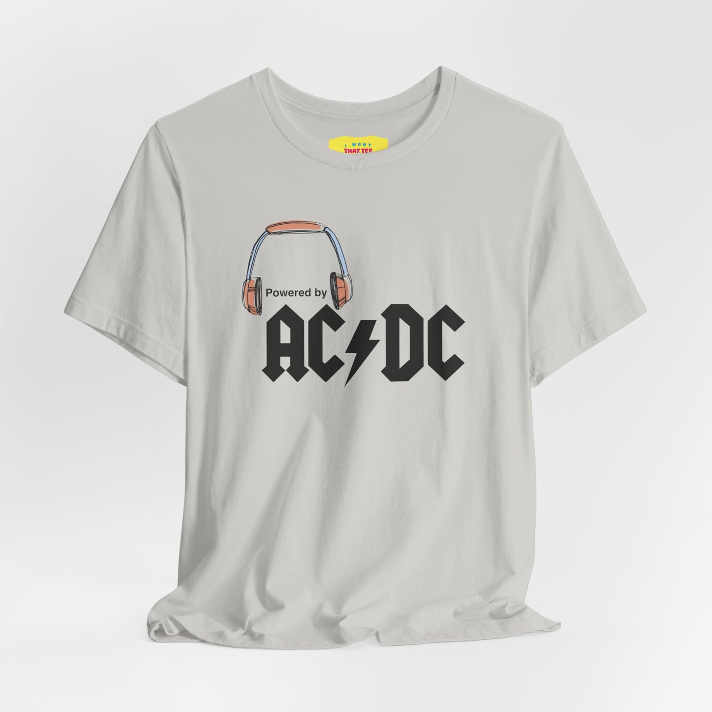 POWERED BY AC/DC (Black text, Unisex Softstyle T-Shirt)