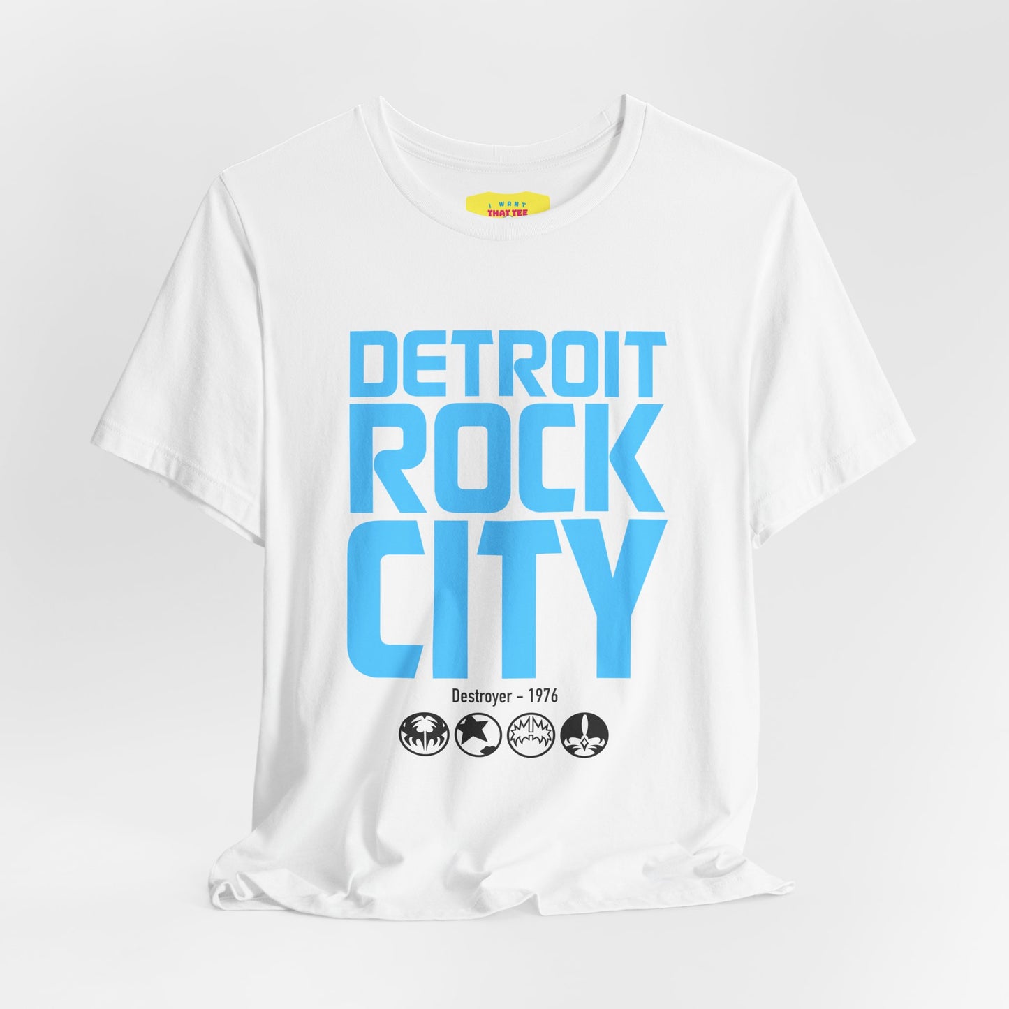 DETROIT ROCK CITY (Light Blue text color, Unisex Softstyle T-Shirt)