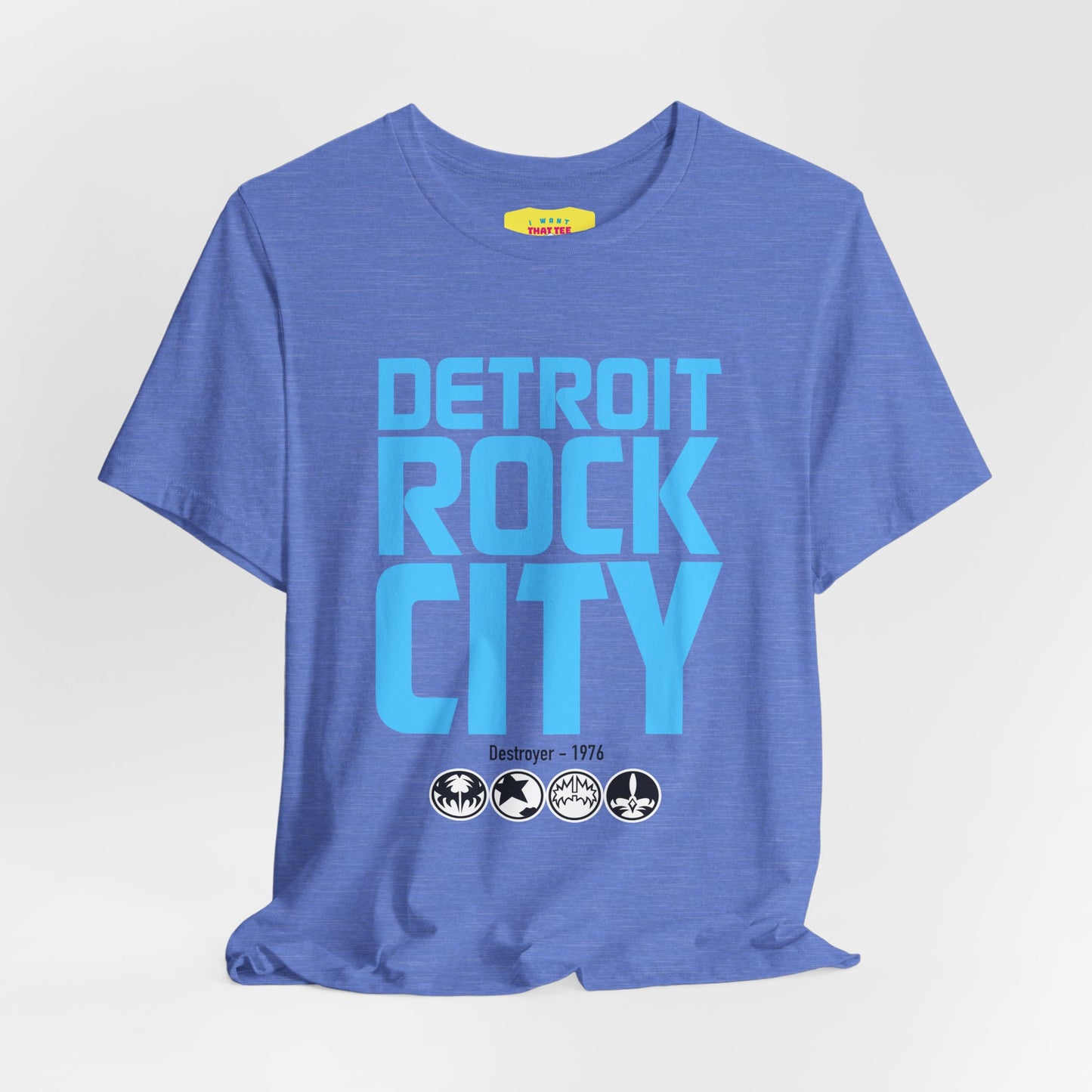 DETROIT ROCK CITY (Light Blue text color, Unisex Softstyle T-Shirt)