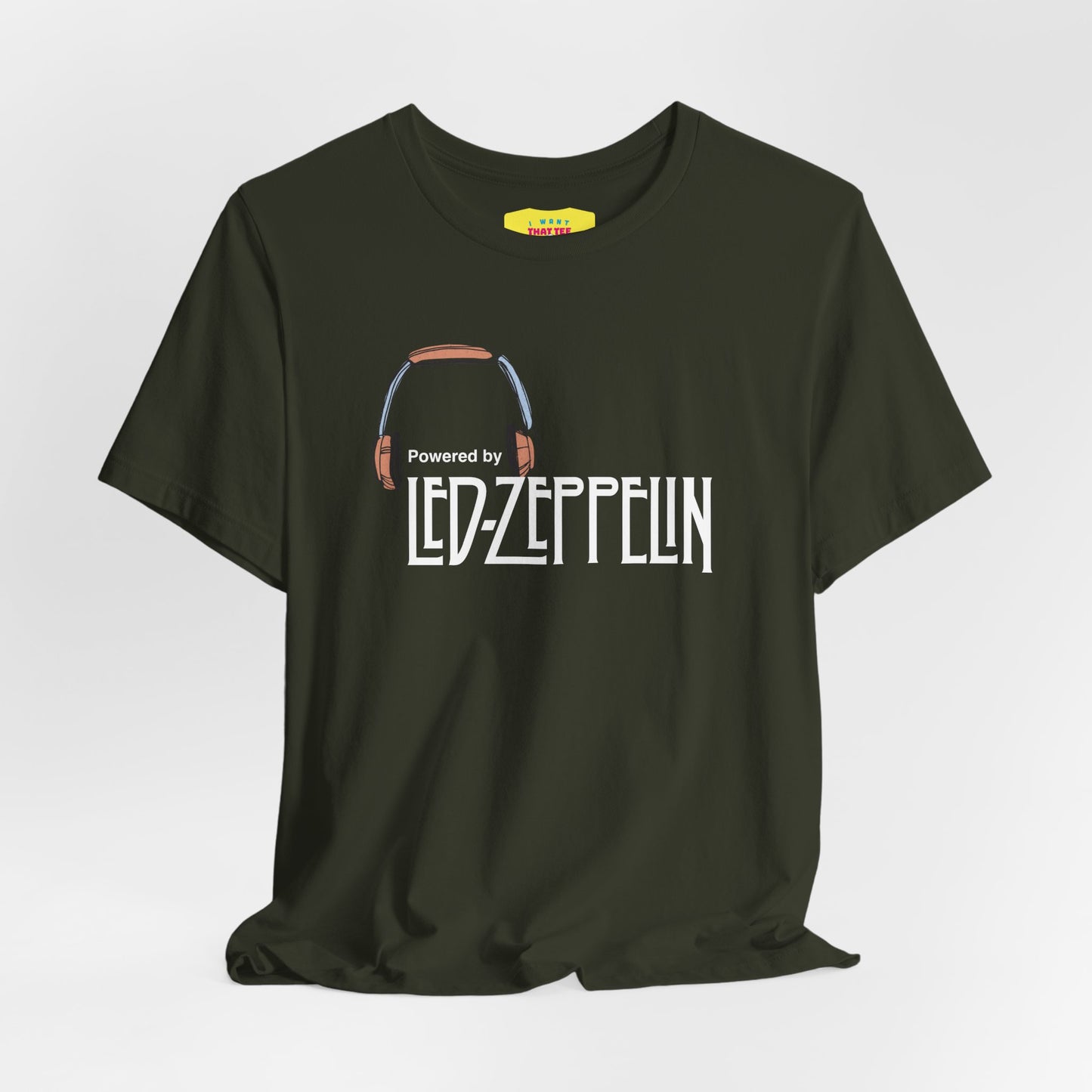 POWERED BY LED ZEPPELIN (White text, Unisex Softstyle T-Shirt)