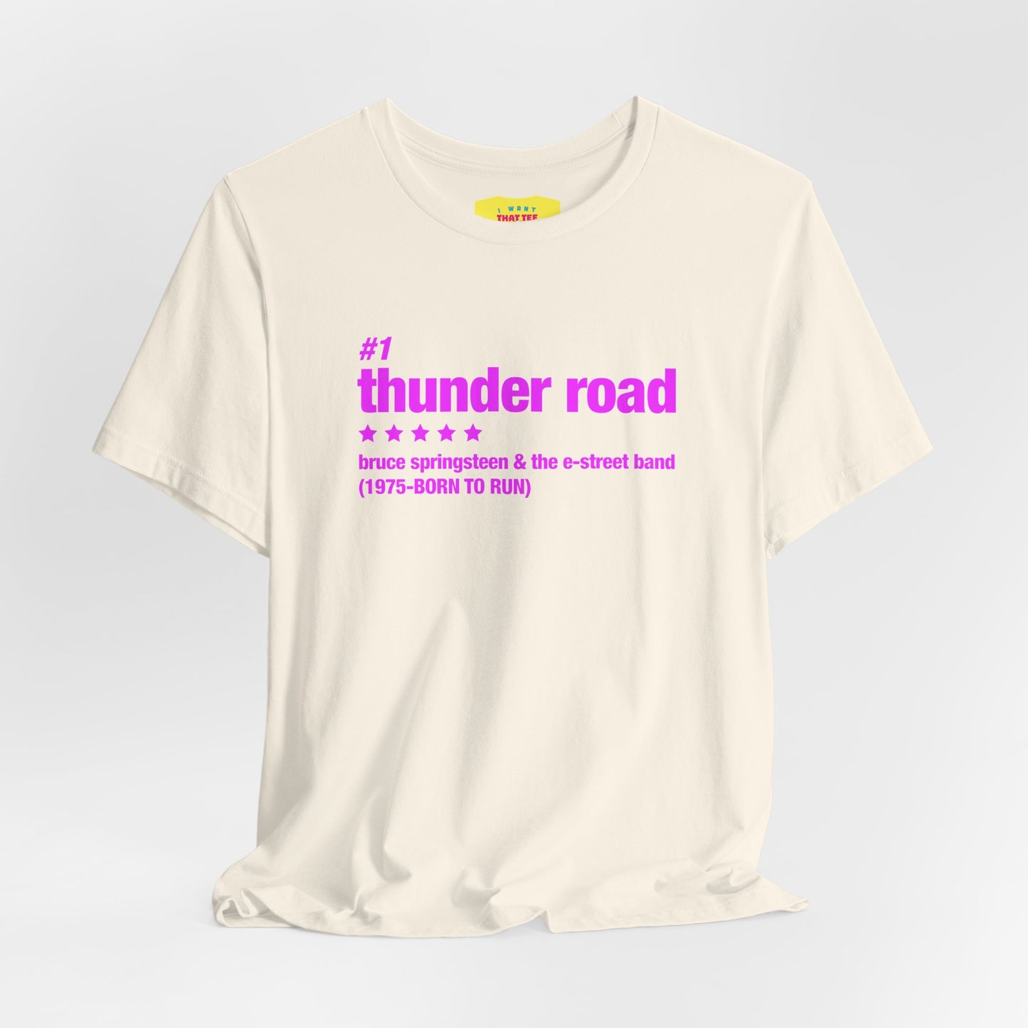 THUNDER ROAD CHART-BRUCE SPRINGSTEEN (Pink text, Unisex Softstyle T-Shirt)