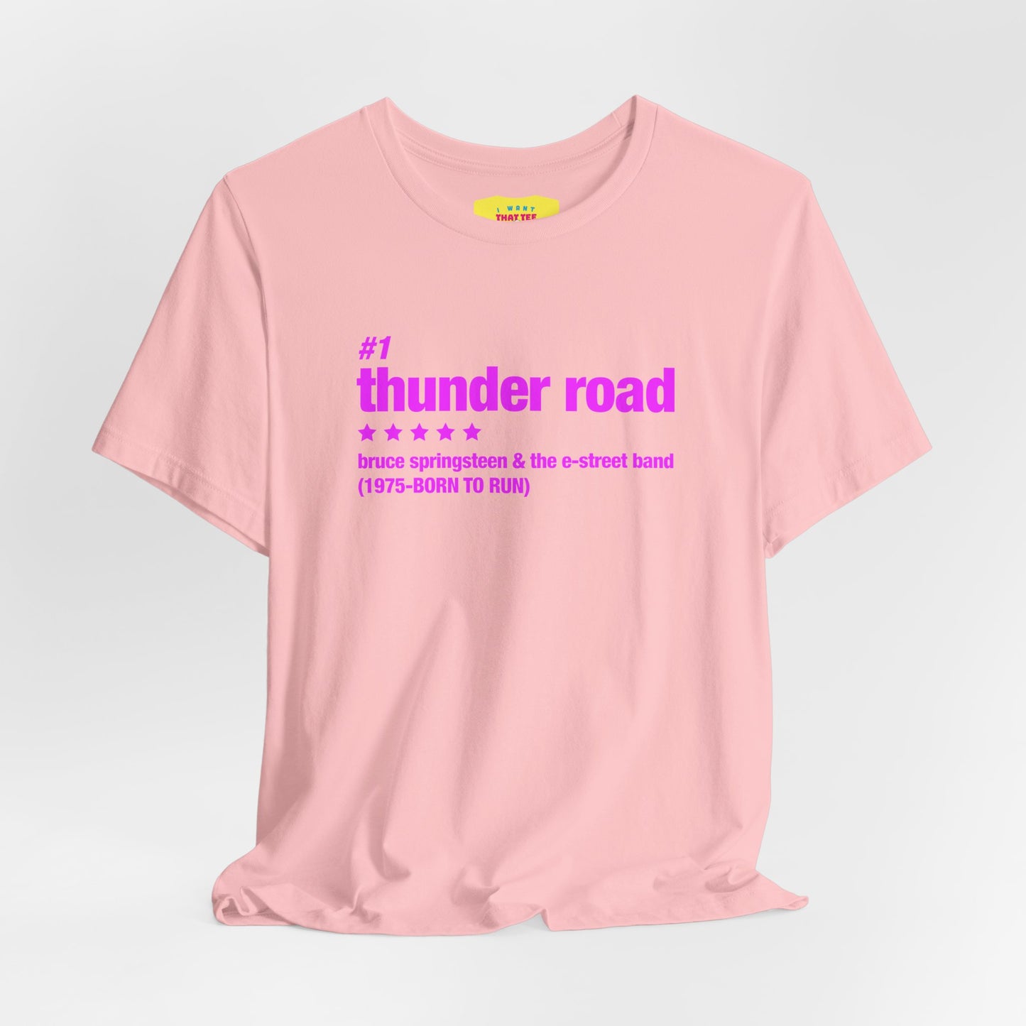 THUNDER ROAD CHART-BRUCE SPRINGSTEEN (Pink text, Unisex Softstyle T-Shirt)