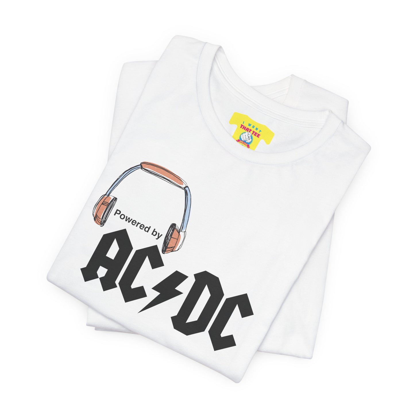 POWERED BY AC/DC (Black text, Unisex Softstyle T-Shirt)