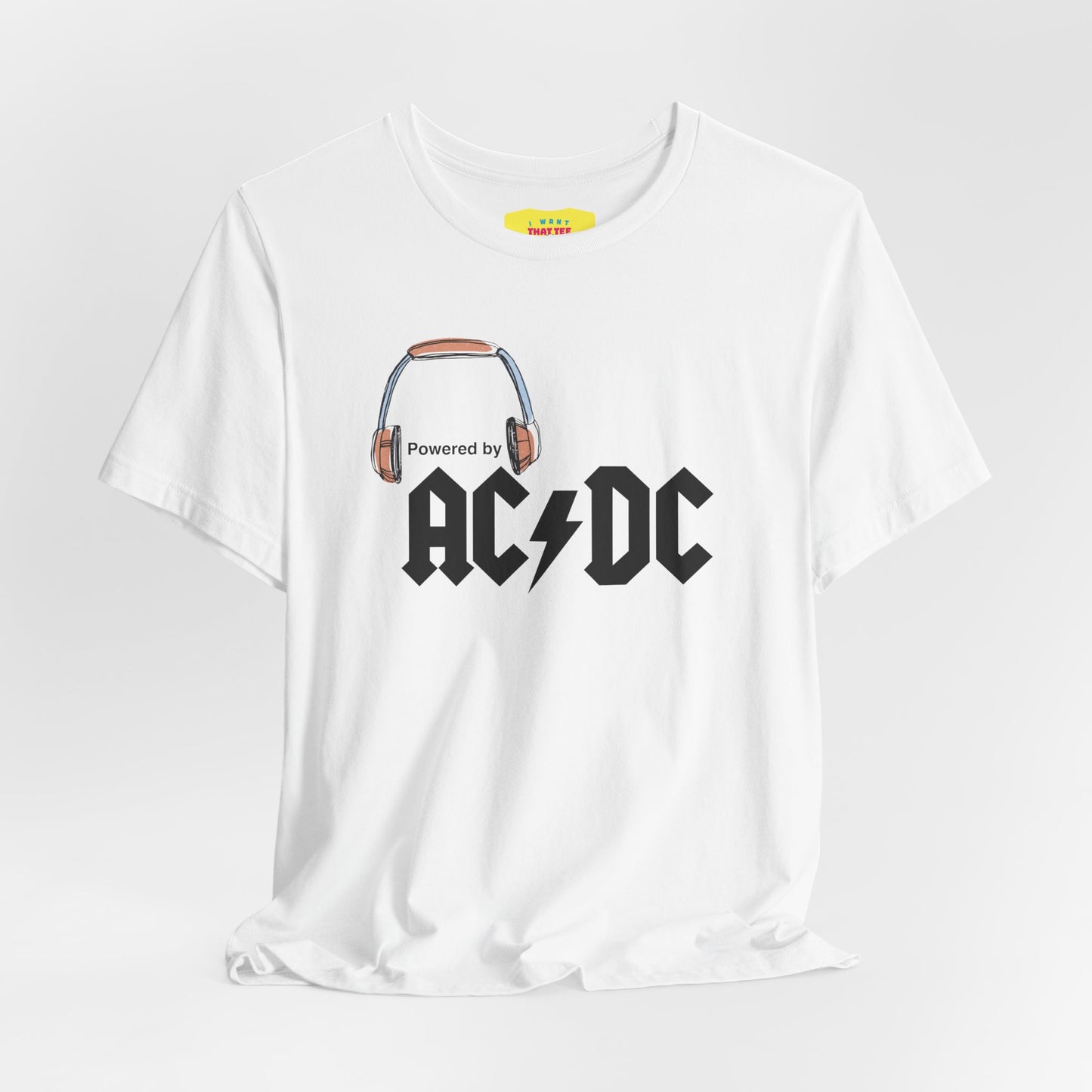 POWERED BY AC/DC (Black text, Unisex Softstyle T-Shirt)