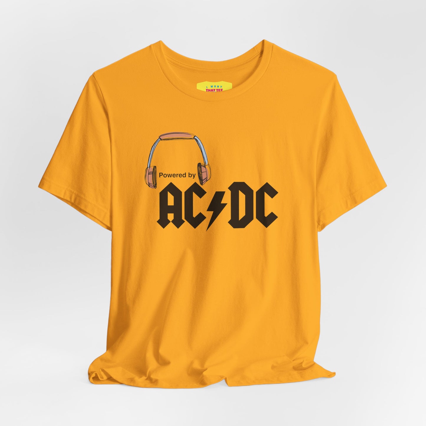 POWERED BY AC/DC (Black text, Unisex Softstyle T-Shirt)