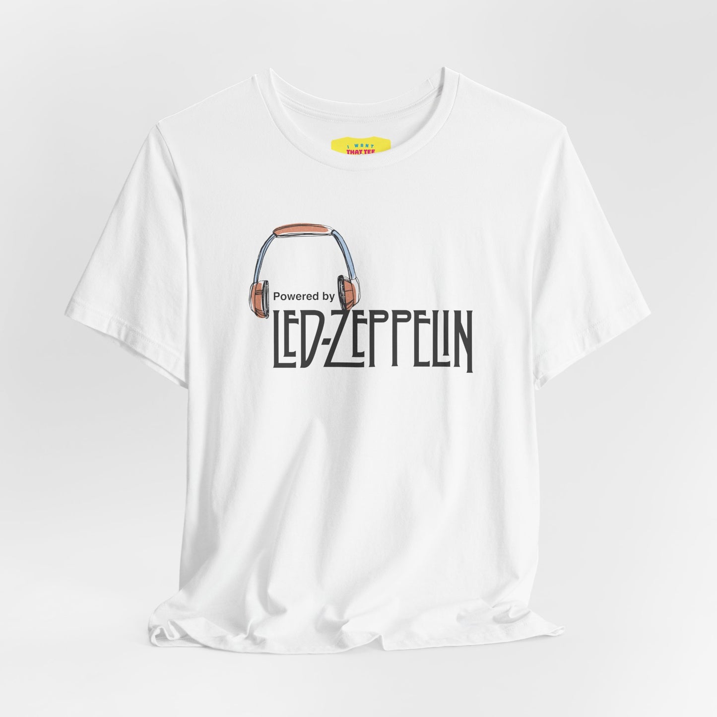 POWERED BY LED ZEPPELIN (Black text, Unisex Softstyle T-Shirt)