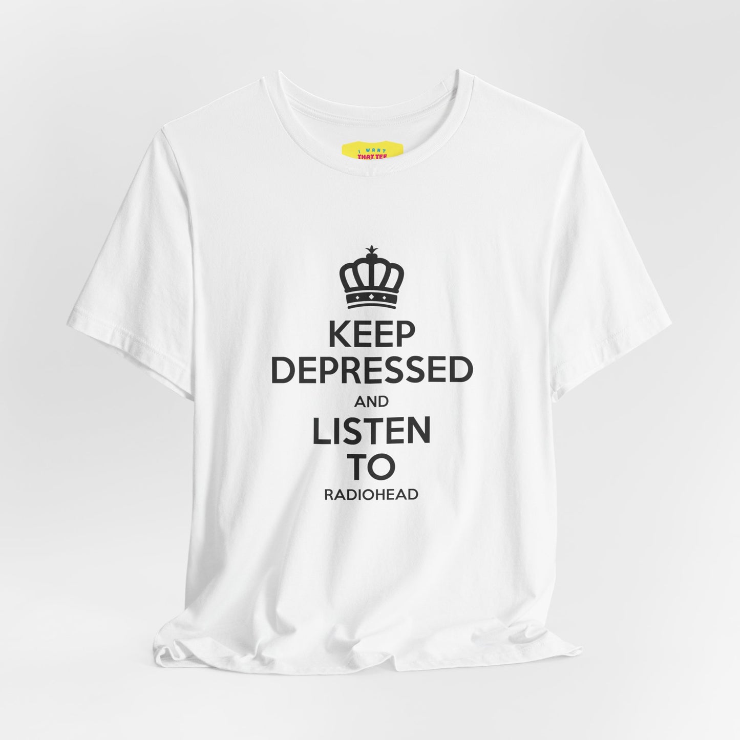 KEEP DEPRESSED AND LISTEN TO RADIOHEAD (Black text, Unisex Softstyle T-Shirt)