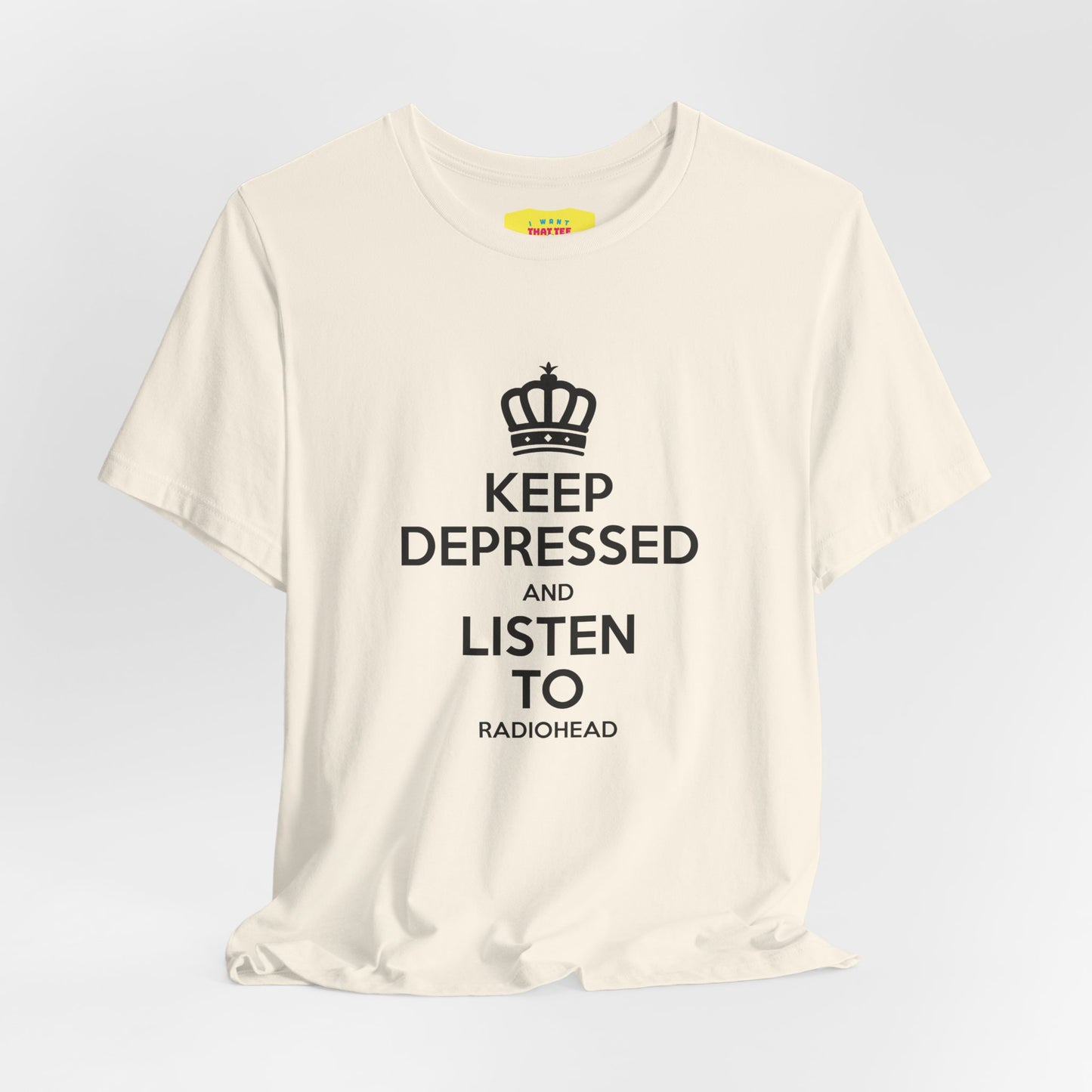 KEEP DEPRESSED AND LISTEN TO RADIOHEAD (Black text, Unisex Softstyle T-Shirt)