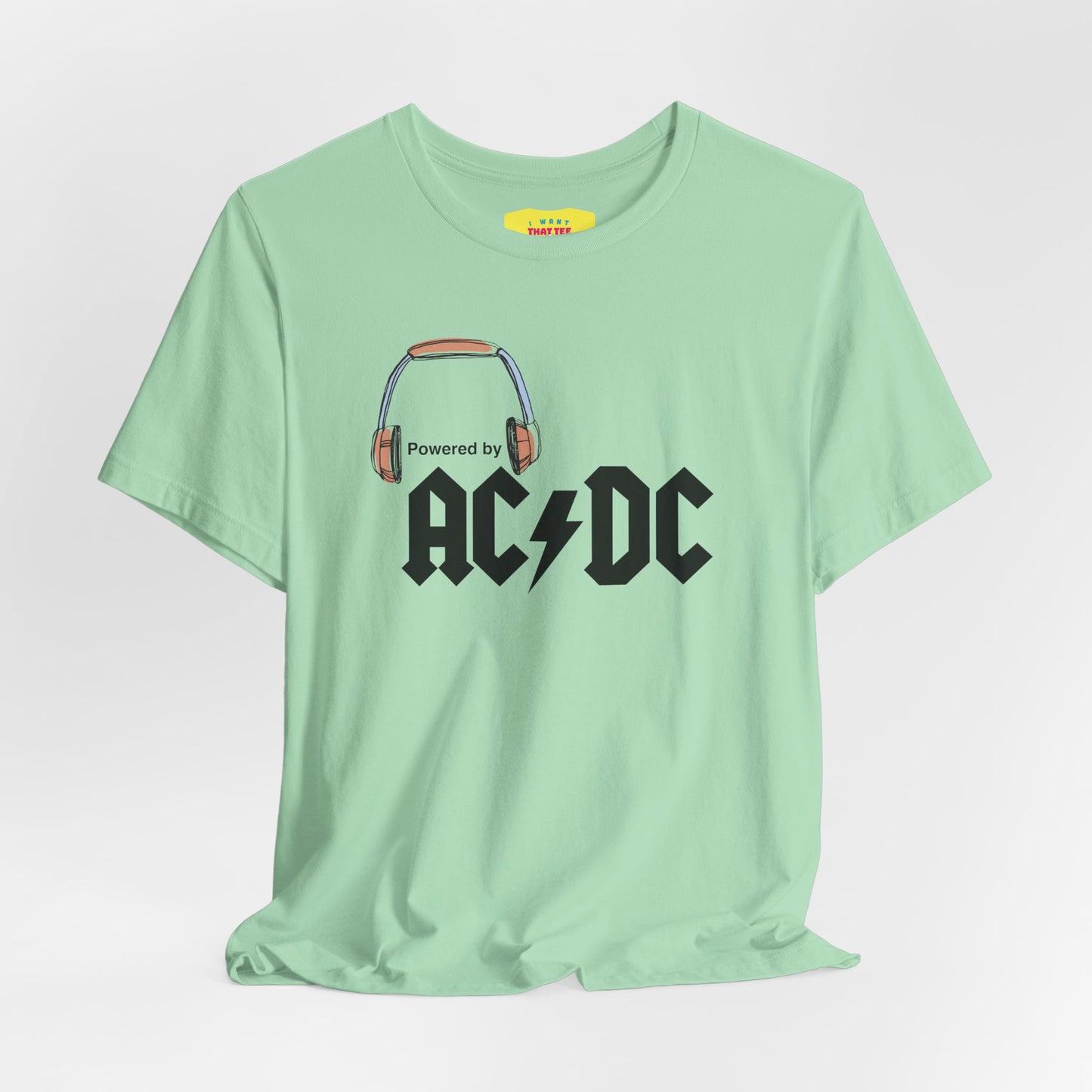 POWERED BY AC/DC (Black text, Unisex Softstyle T-Shirt)