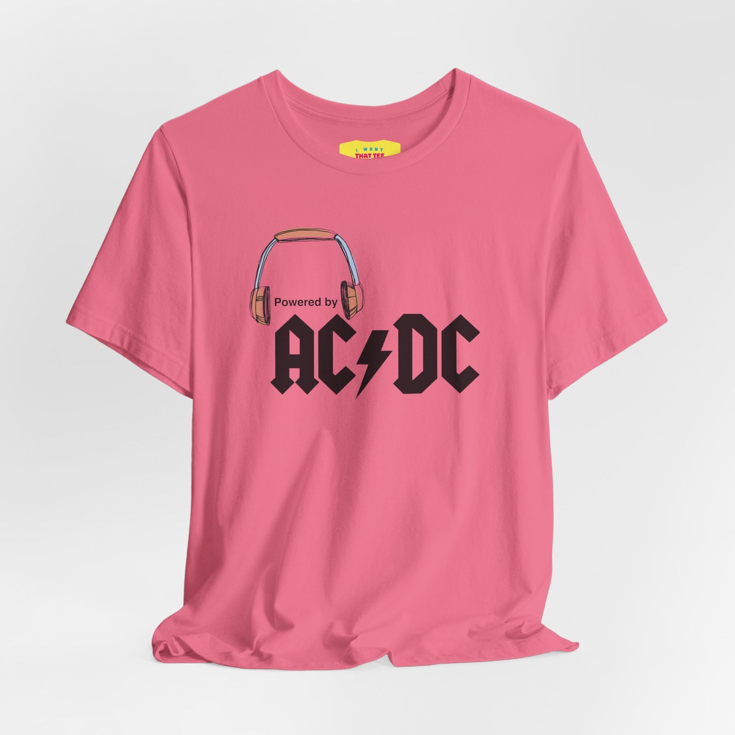 POWERED BY AC/DC (Black text, Unisex Softstyle T-Shirt)