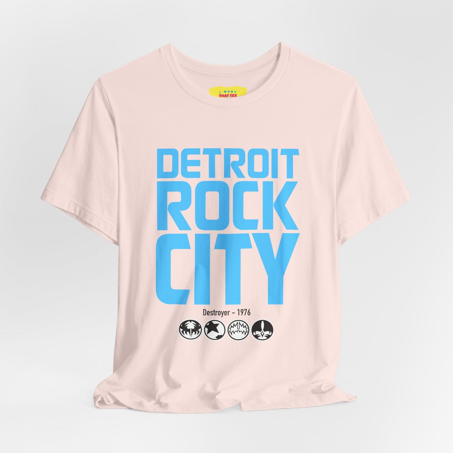 DETROIT ROCK CITY (Light Blue text color, Unisex Softstyle T-Shirt)