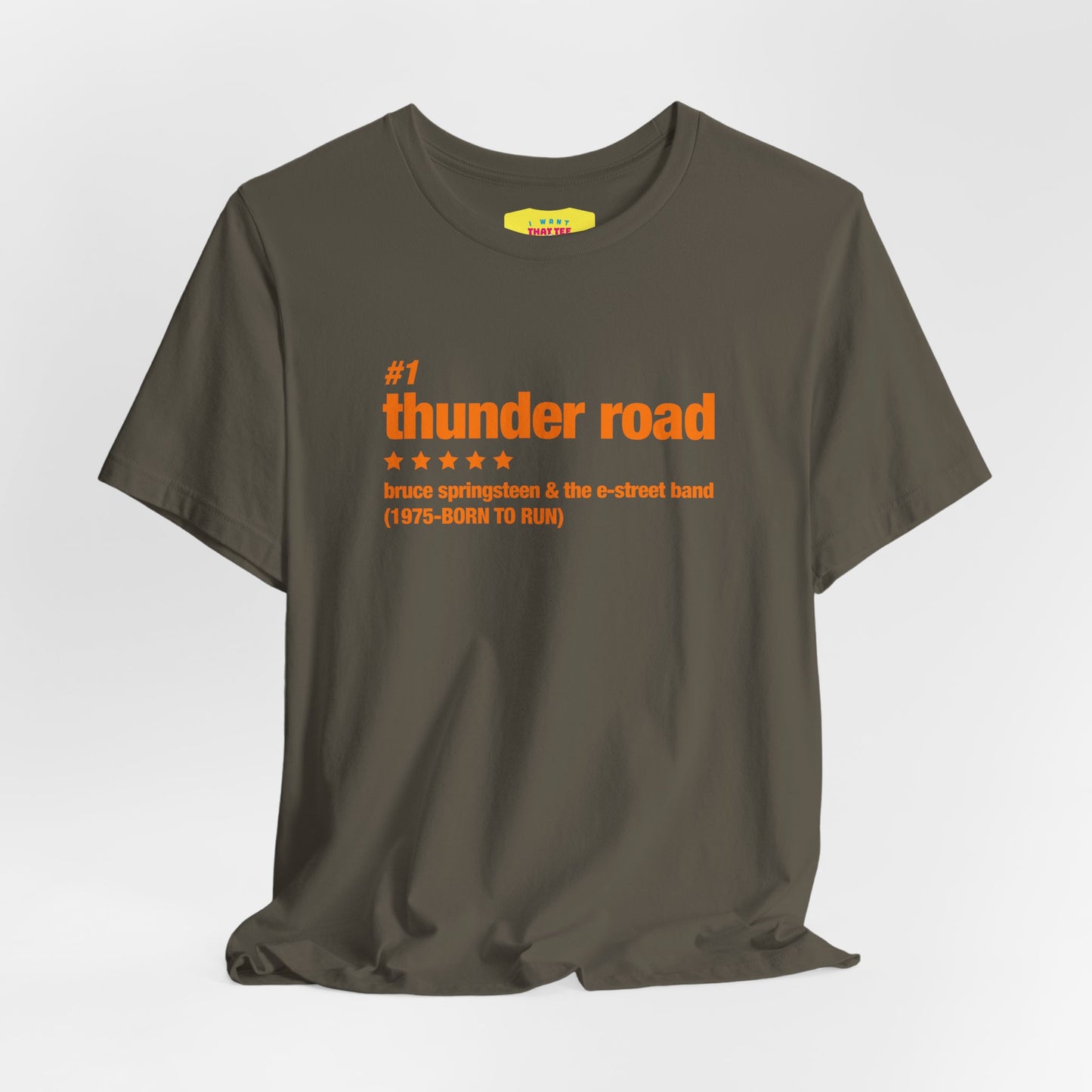 THUNDER ROAD CHART-BRUCE SPRINGSTEEN (Orange text, Unisex Softstyle T-Shirt)