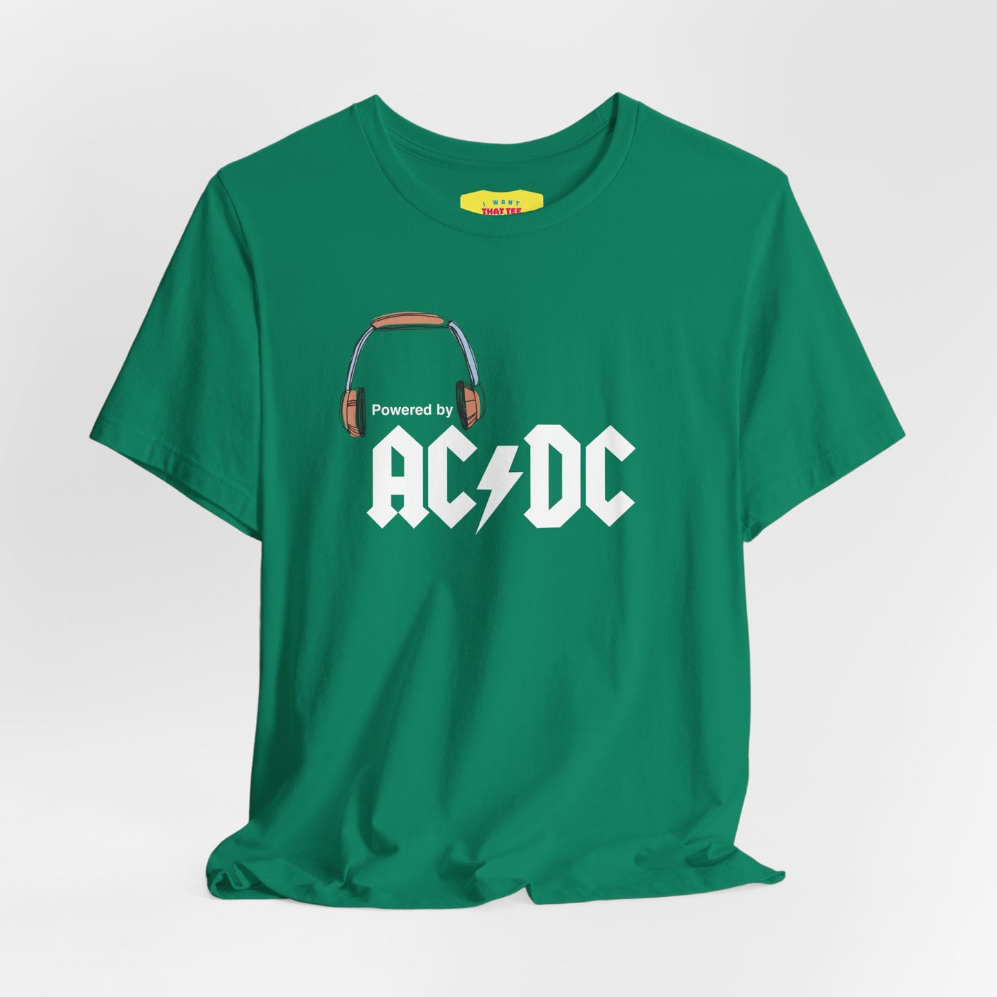 POWERED BY AC/DC (White text, Unisex Softstyle T-Shirt)