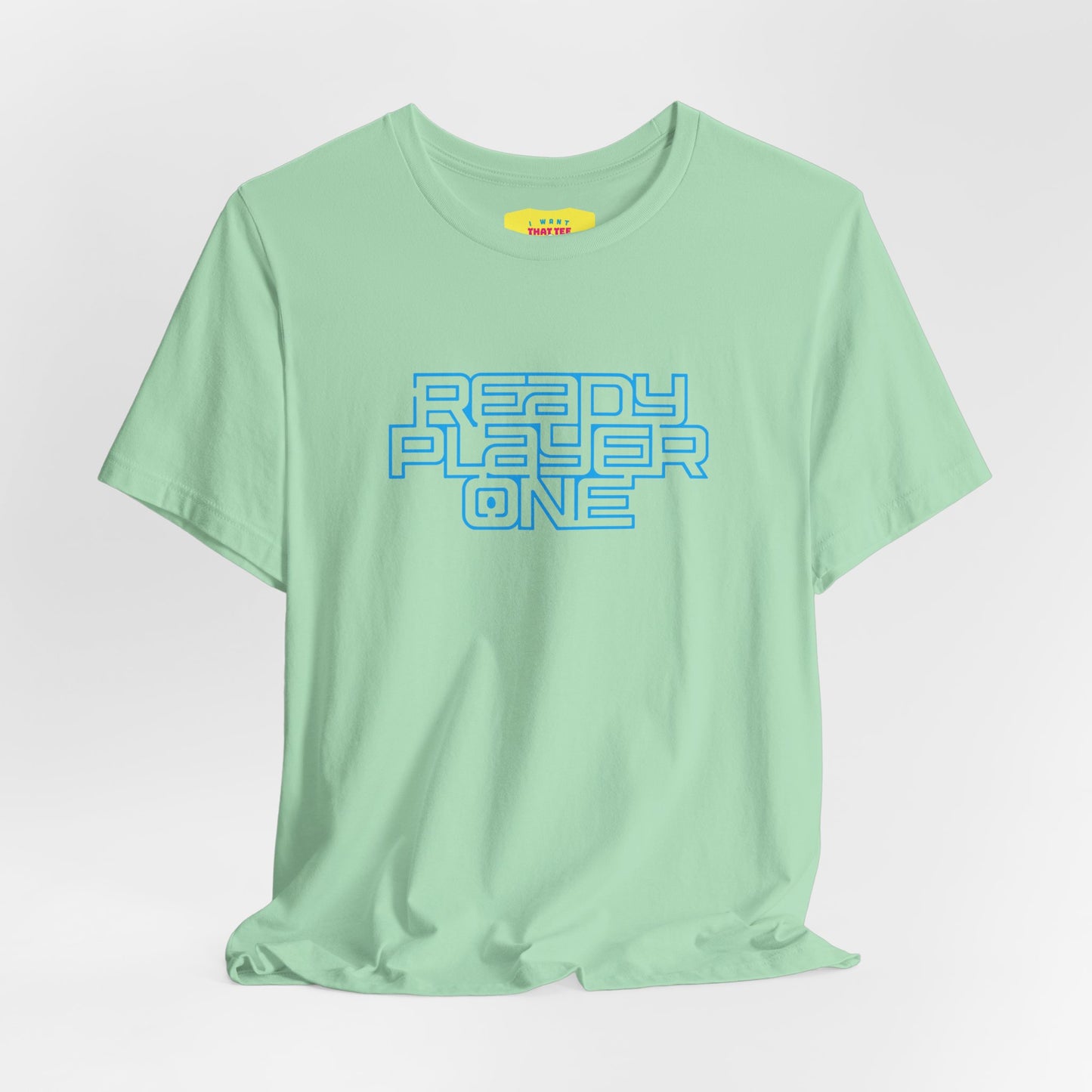 READY PLAYER ONE - STEVEN SPIELBERG'S MOVIE (Cyan text, Unisex Softstyle T-Shirt)