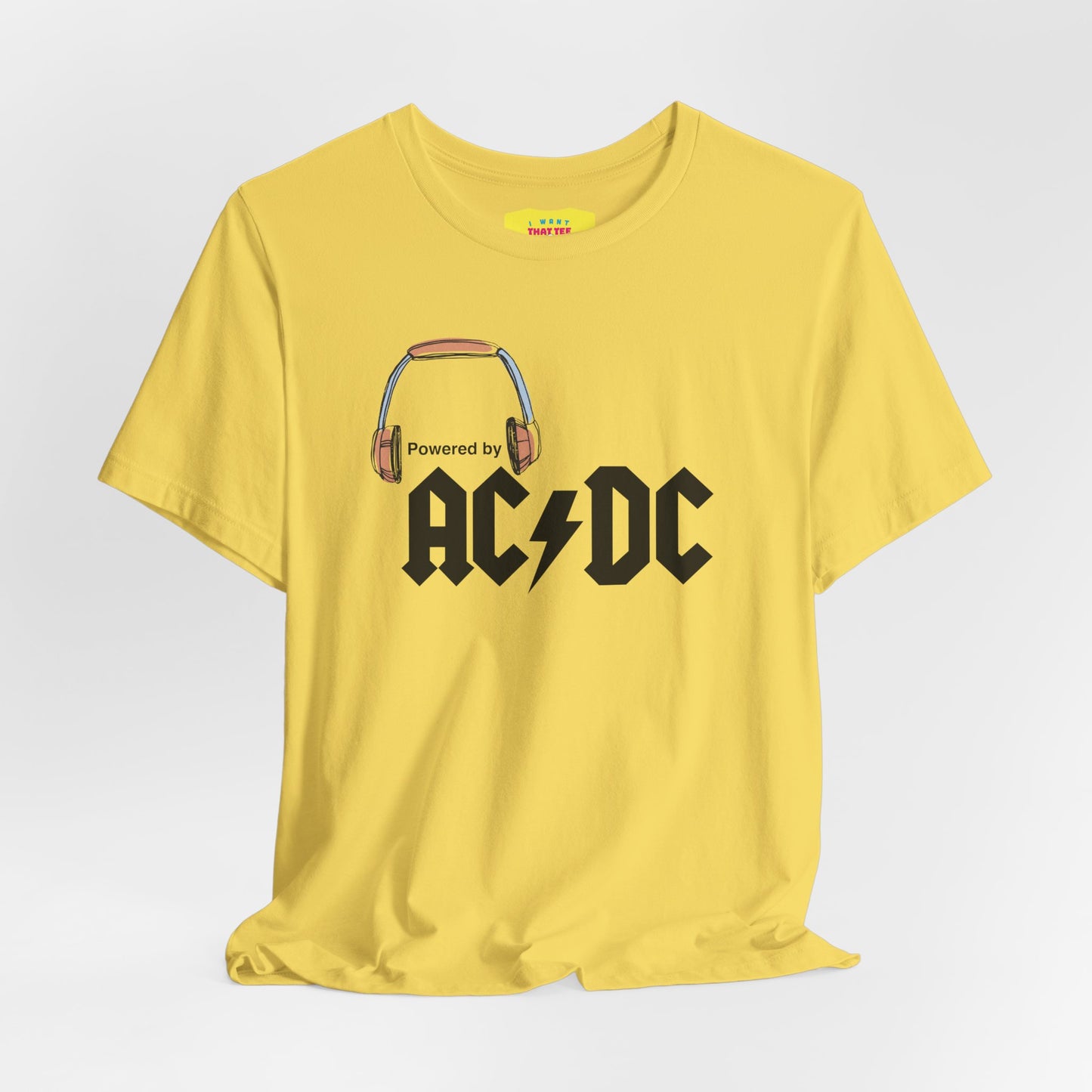 POWERED BY AC/DC (Black text, Unisex Softstyle T-Shirt)