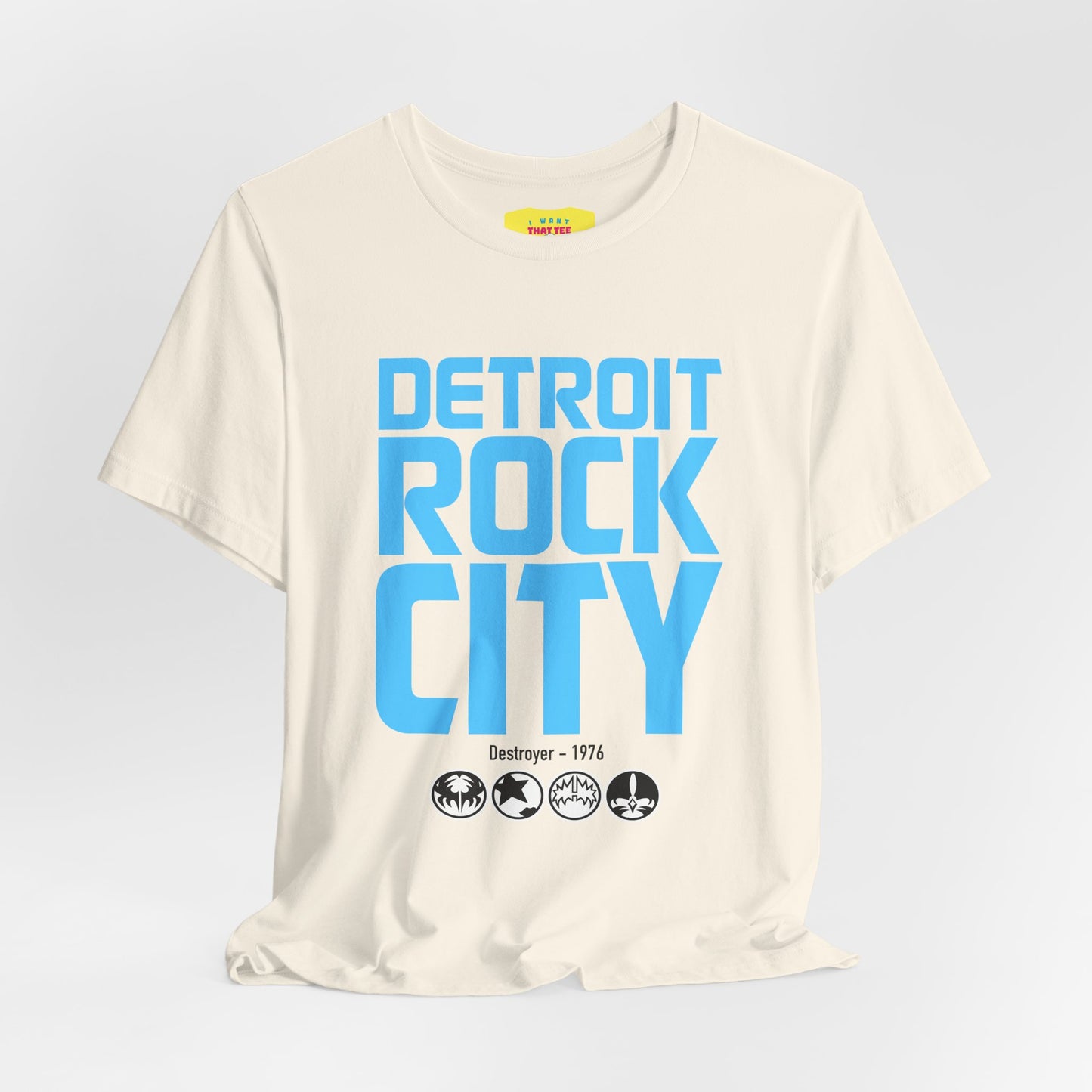 DETROIT ROCK CITY (Light Blue text color, Unisex Softstyle T-Shirt)