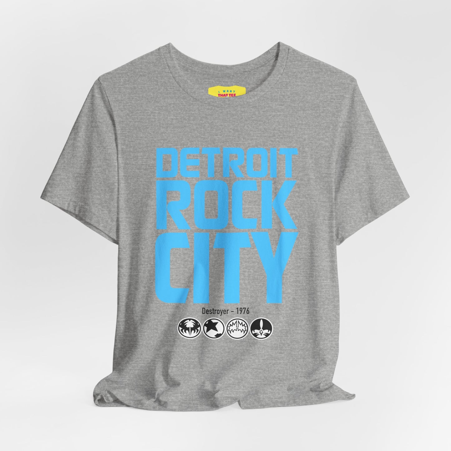 DETROIT ROCK CITY (Light Blue text color, Unisex Softstyle T-Shirt)