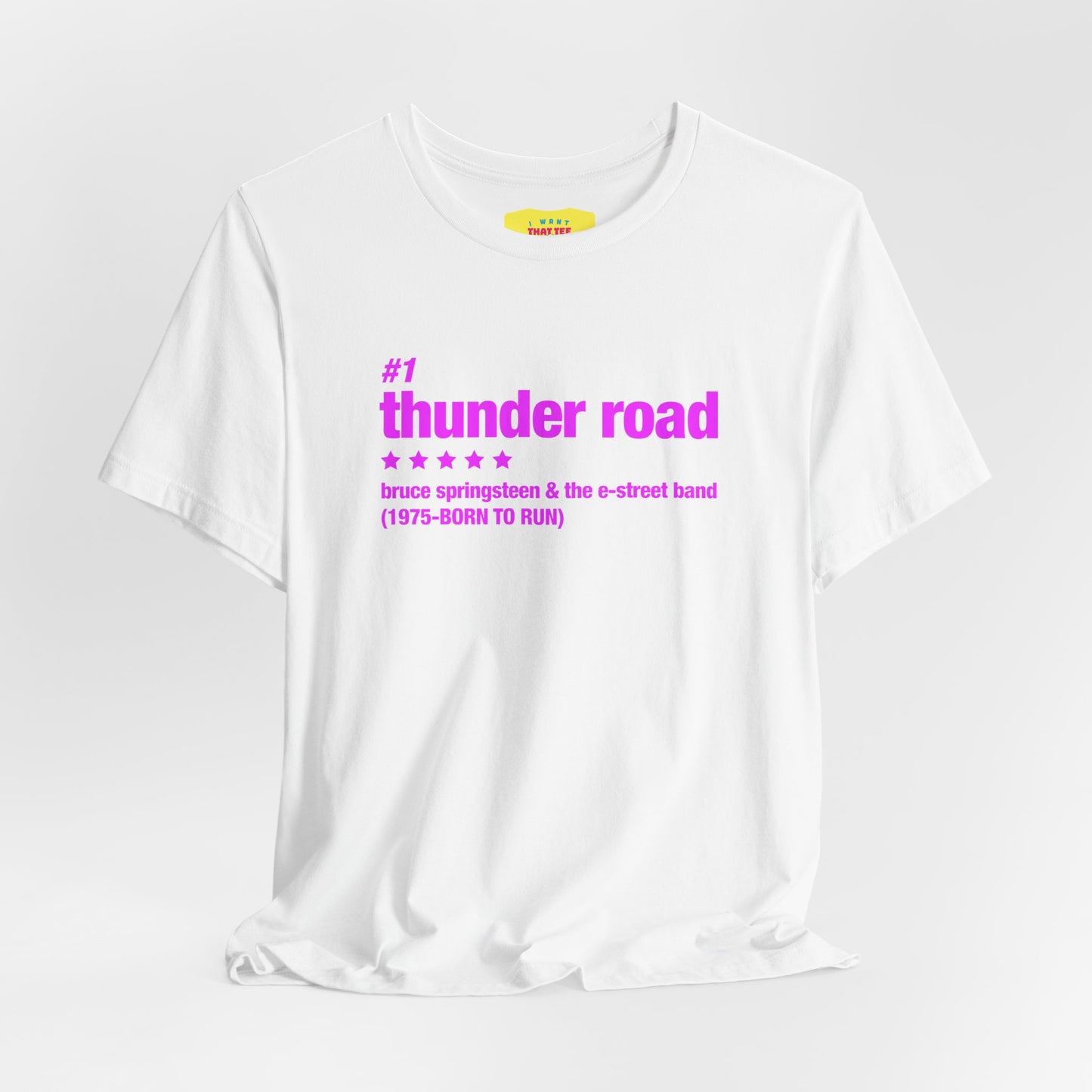 THUNDER ROAD CHART-BRUCE SPRINGSTEEN (Pink text, Unisex Softstyle T-Shirt)