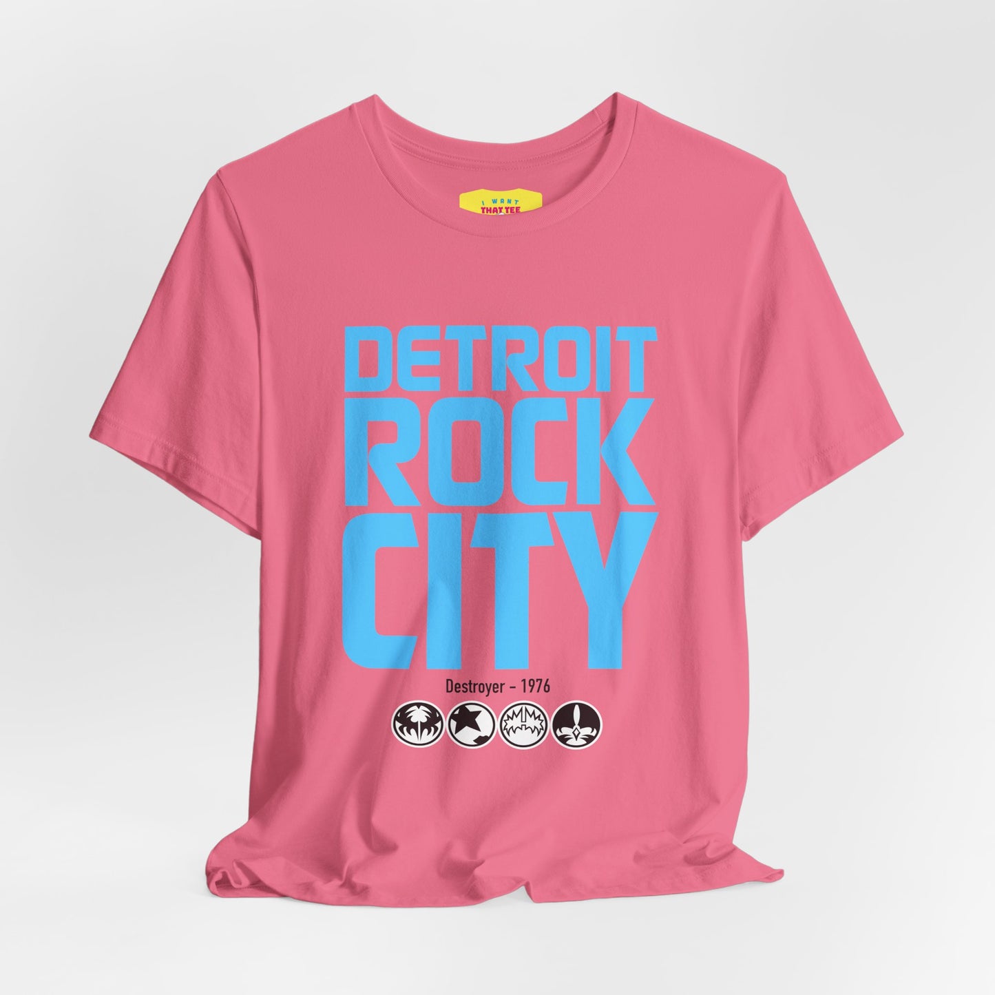 DETROIT ROCK CITY (Light Blue text color, Unisex Softstyle T-Shirt)