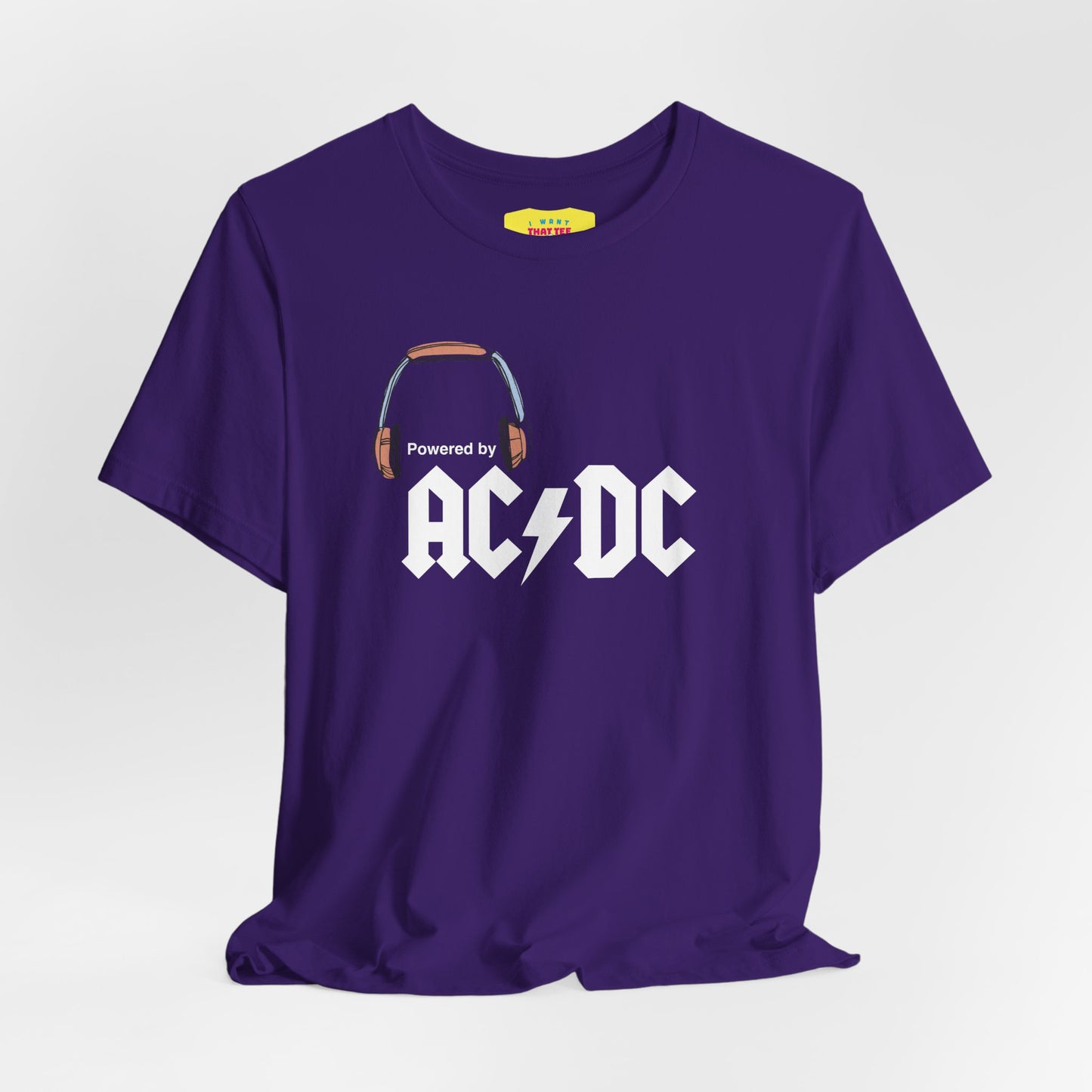 POWERED BY AC/DC (White text, Unisex Softstyle T-Shirt)