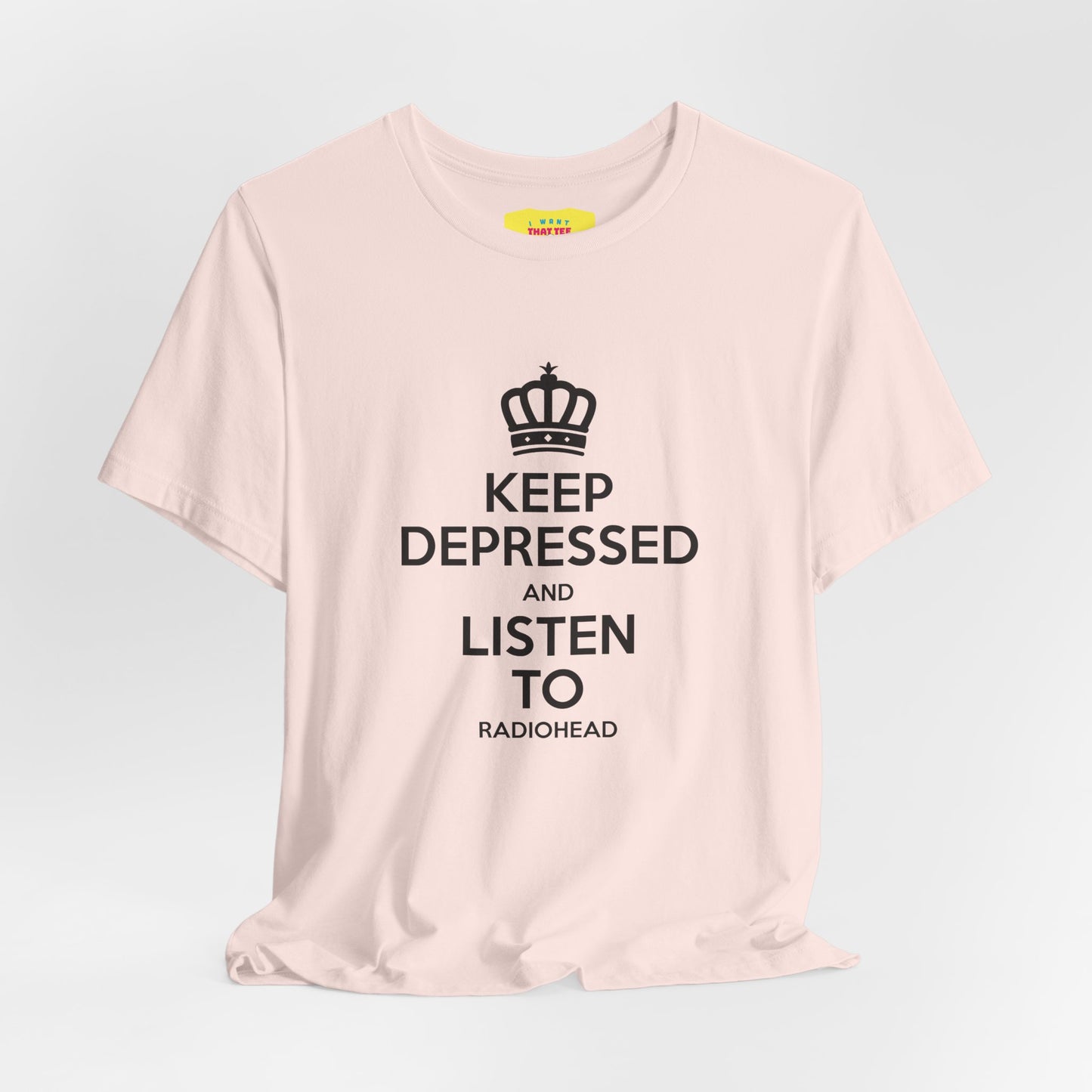 KEEP DEPRESSED AND LISTEN TO RADIOHEAD (Black text, Unisex Softstyle T-Shirt)