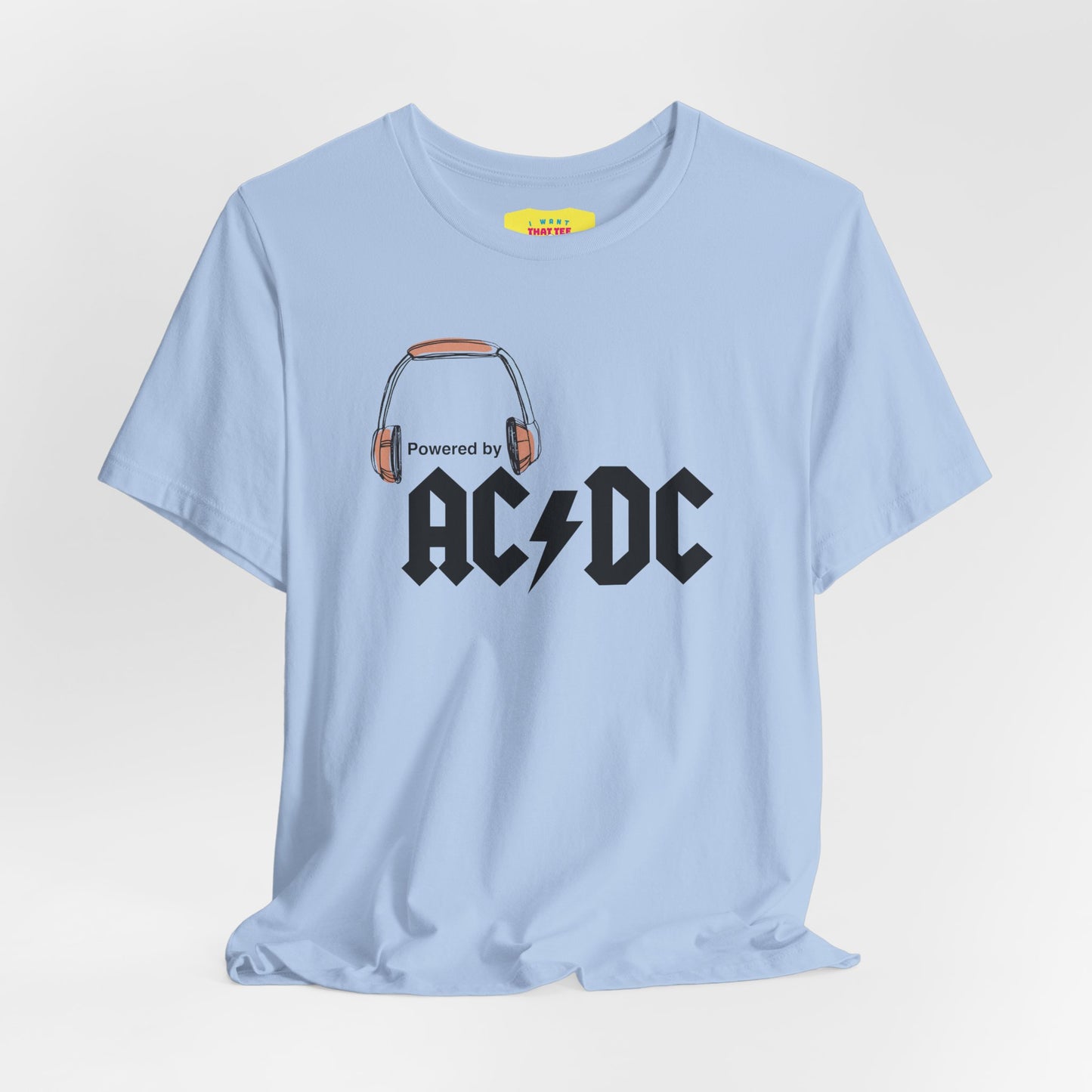 POWERED BY AC/DC (Black text, Unisex Softstyle T-Shirt)