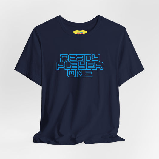 READY PLAYER ONE - STEVEN SPIELBERG'S MOVIE (Cyan text, Unisex Softstyle T-Shirt)