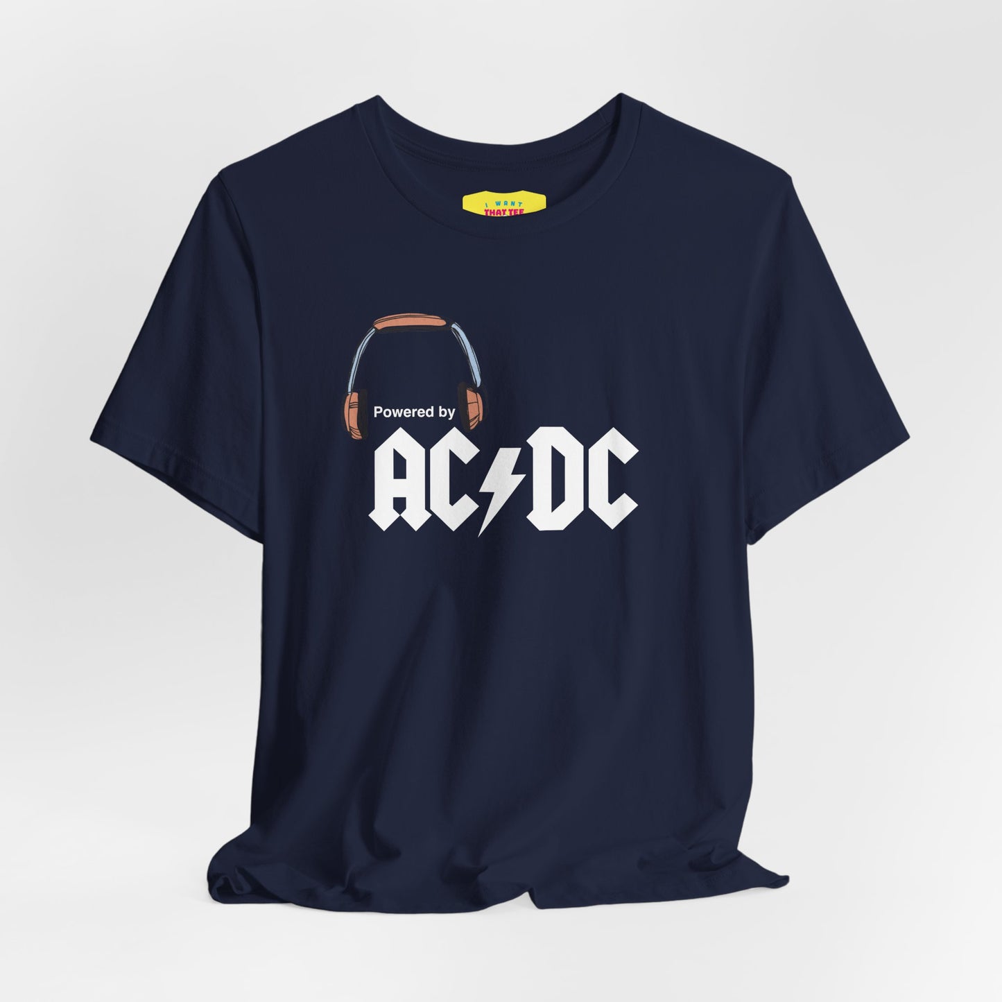 POWERED BY AC/DC (White text, Unisex Softstyle T-Shirt)