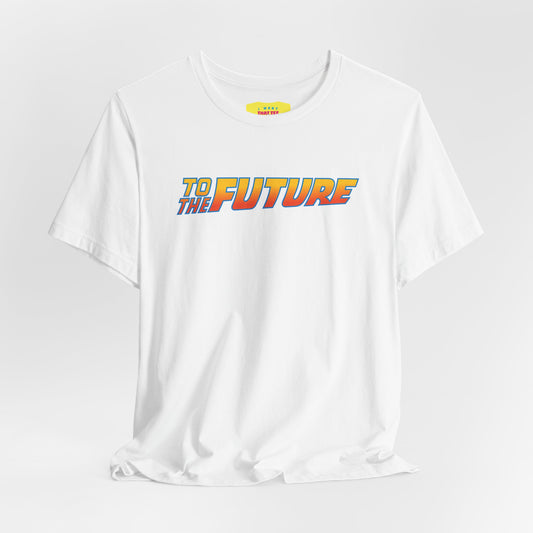 BACK (printed on the back) TO THE FUTURE (printed on the front) (Unisex Softstyle T-Shirt)