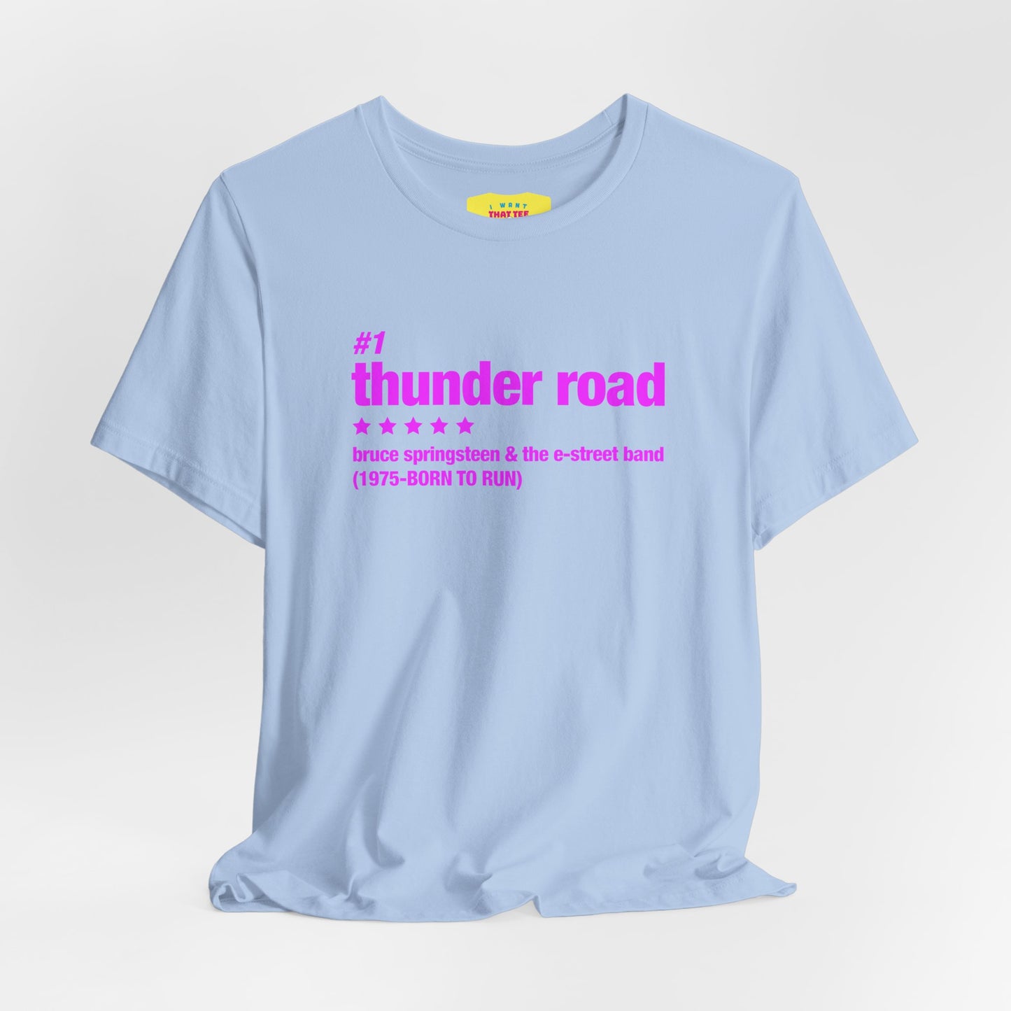 THUNDER ROAD CHART-BRUCE SPRINGSTEEN (Pink text, Unisex Softstyle T-Shirt)