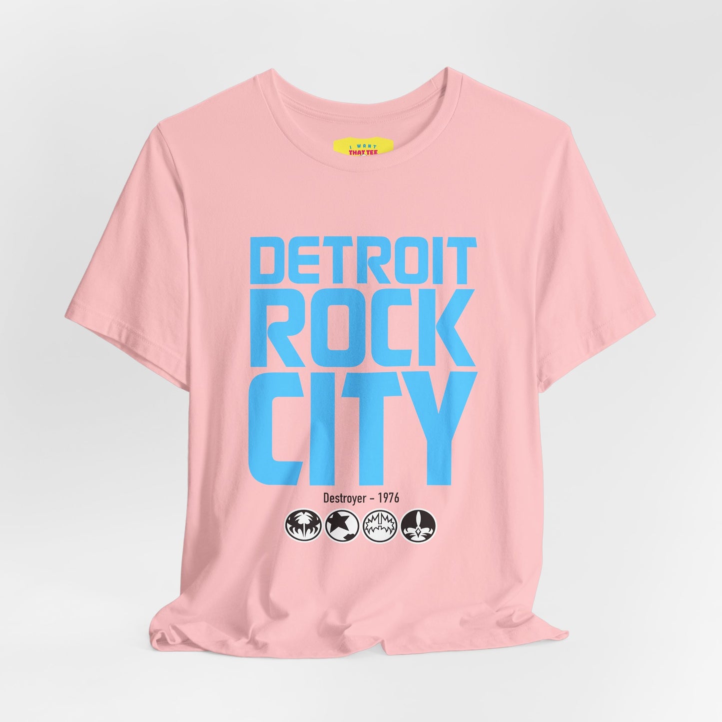 DETROIT ROCK CITY (Light Blue text color, Unisex Softstyle T-Shirt)