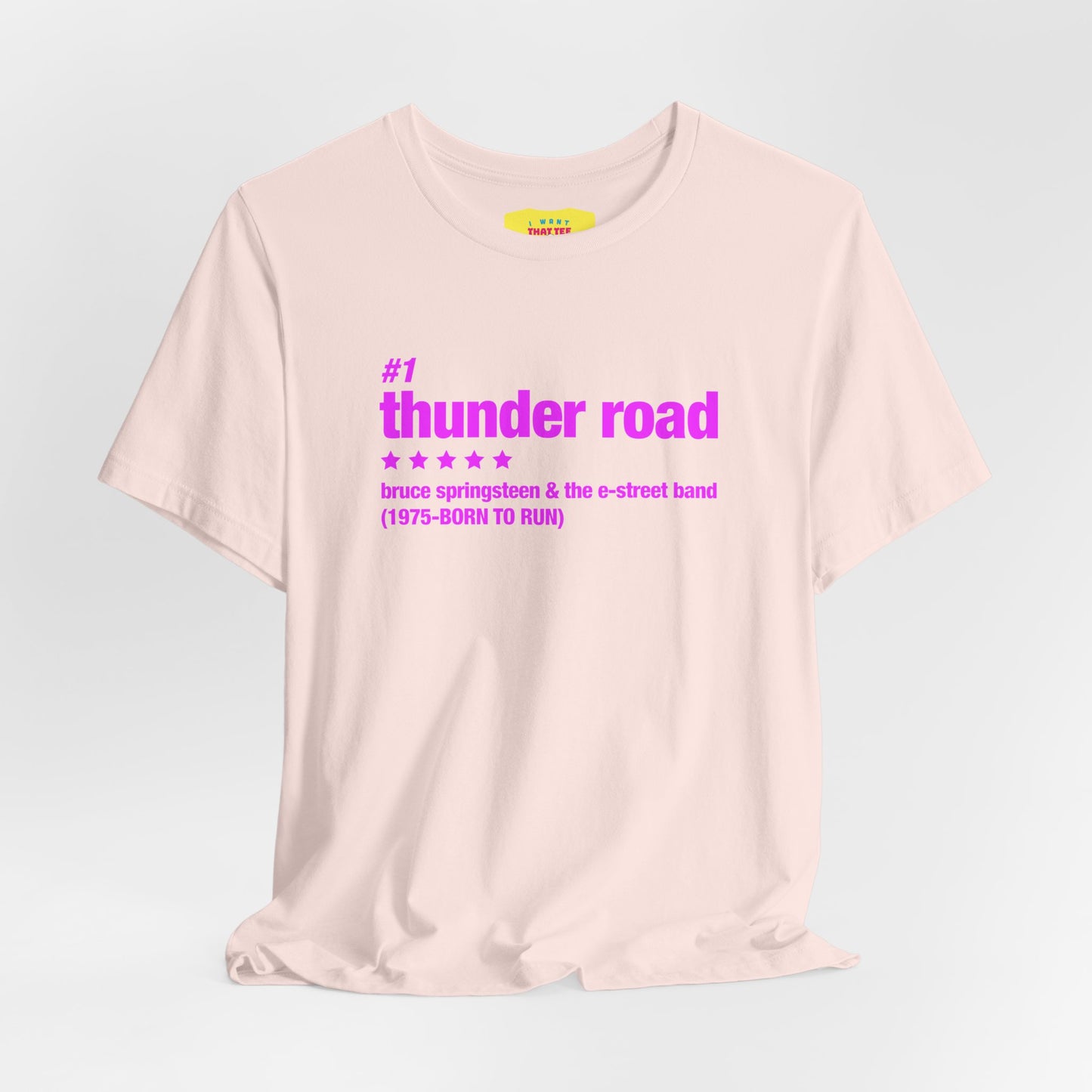 THUNDER ROAD CHART-BRUCE SPRINGSTEEN (Pink text, Unisex Softstyle T-Shirt)